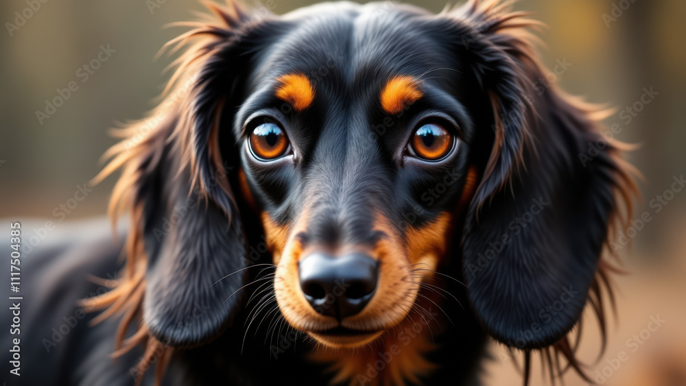 A close-up of a long-haired Dachshund with sad eyes looking directly at the camera. A close-up of a long-haired Dachshund with sad eyes looking directly at the camera.