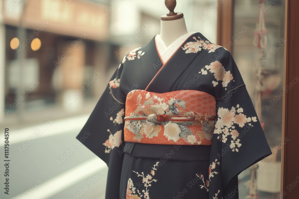 Elegant Black Kimono with Delicate Floral Pattern on Display Elegant Black Kimono with Delicate Floral Pattern on Display
