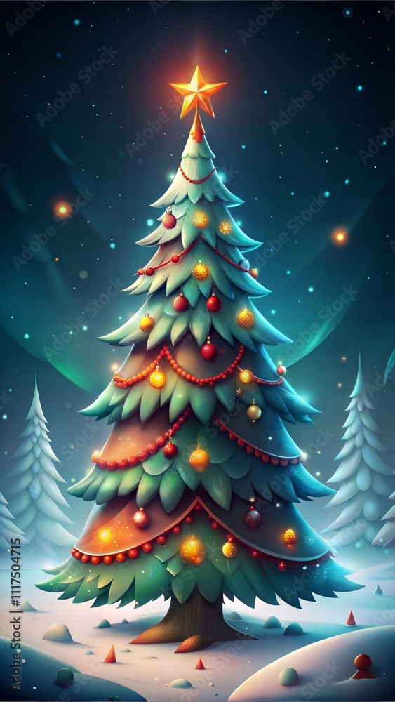 Obraz premium christmas tree in the night with star on the sky, Cartoon style