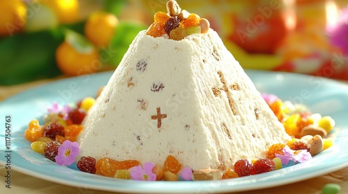Traditional russian paskha dessert with dried fruits and nuts on blue plate. Happy easter