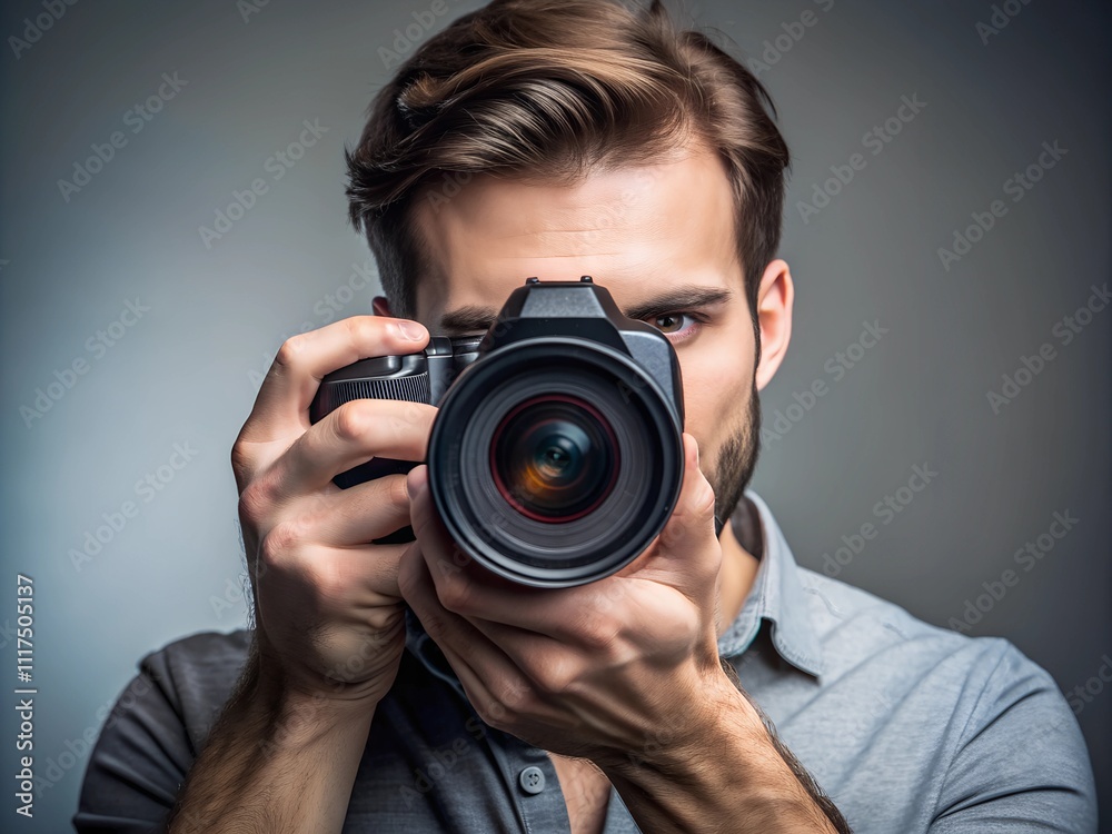 A dedicated photographer holds his camera close, poised to capture the perfect shot in a moody studio ambiance. His focus and passion shine through as he prepares for inspiration A dedicated photographer holds his camera close, poised to capture the perfect shot in a moody studio ambiance. His focus and passion shine through as he prepares for inspiration