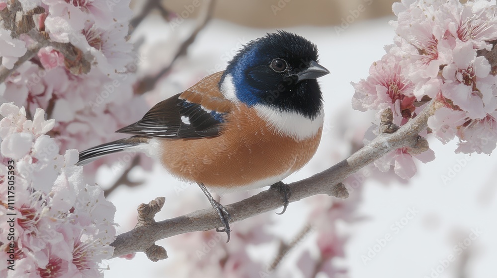 Small bird perched on flowering branch. Small bird perched on flowering branch.