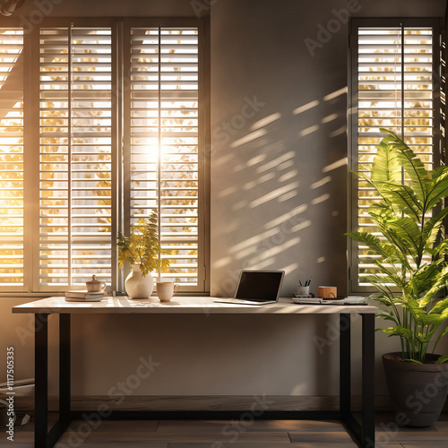 Morning sunlight filters through office shutters illuminating a serene workspace with plants and decor