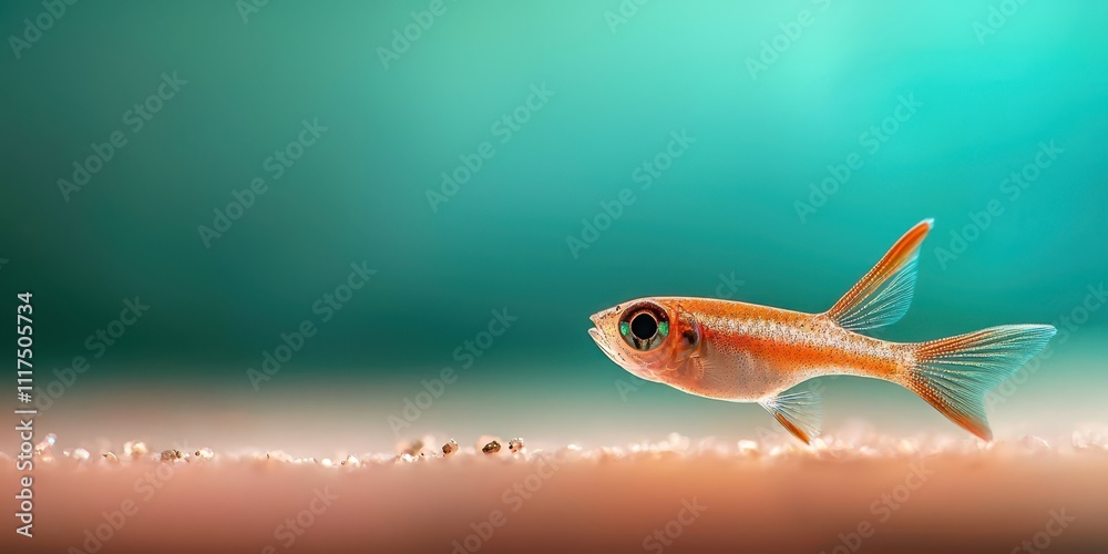 Naklejka premium A small orange fish swims gracefully across a sandy substrate, set against a soft, blurred turquoise background.