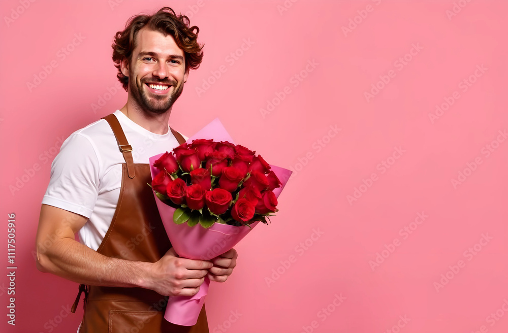 A smiling male florist with curly hair in a leather apron holds a bouquet of red roses in his hands on a plain pink background with space for text. A smiling male florist with curly hair in a leather apron holds a bouquet of red roses in his hands on a plain pink background with space for text.
