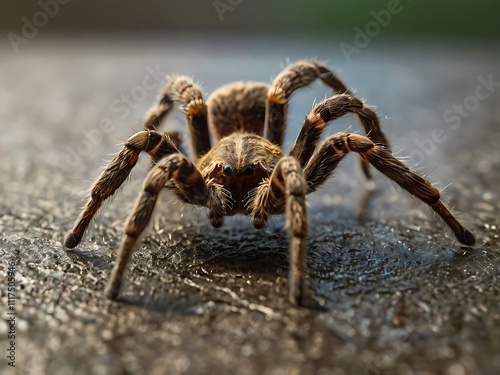 Large hairy spider facing forward on dark surface photo