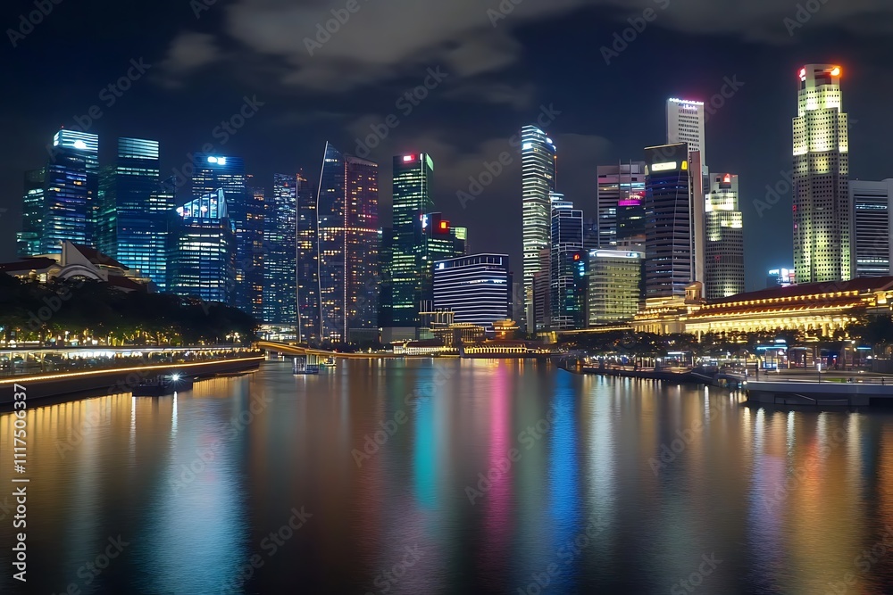 Naklejka premium Time Lapse of the amazing Singapore skyline seen from along the Singapore River