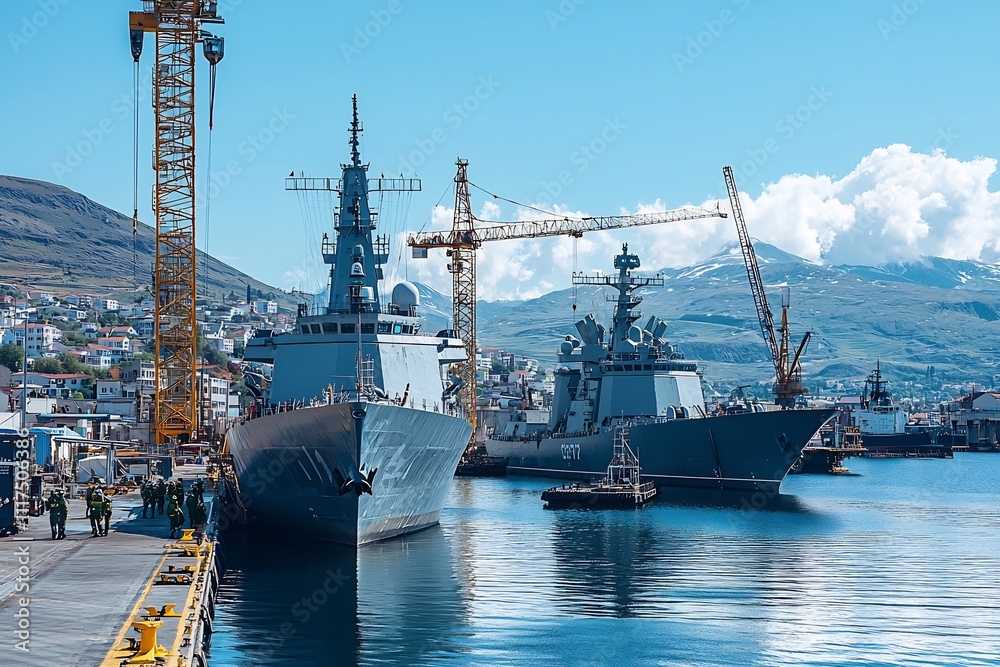 Naval Shipbuilding Dock with Large Military Vessels Moored and Cranes in Naval Shipbuilding Dock with Large Military Vessels Moored and Cranes in