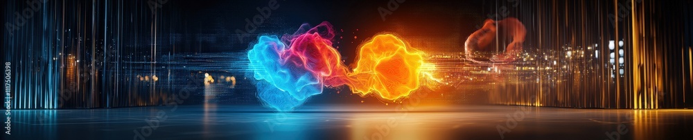 Fototapeta premium A blue and orange fire is lit in the middle of a stage