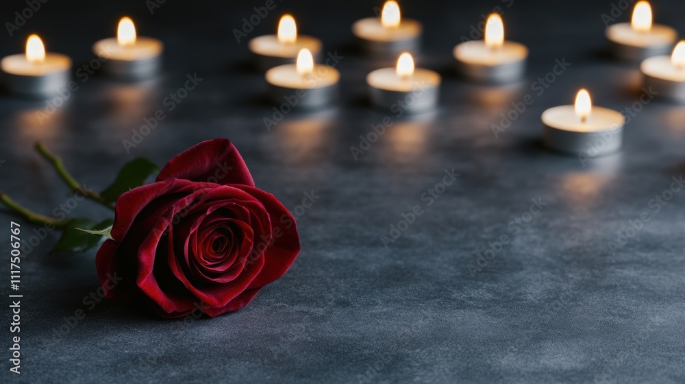 Fototapeta premium A red rose lying on a dark surface surrounded by glowing tealight candles, evoking a romantic and serene atmosphere.