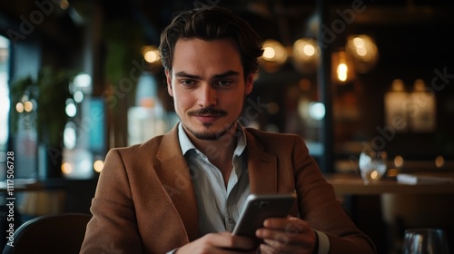 A man in a brown blazer sits at a table, focused on his smartphone in a stylish caf?.