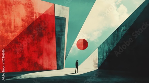 Surreal man in abstract geometric landscape.