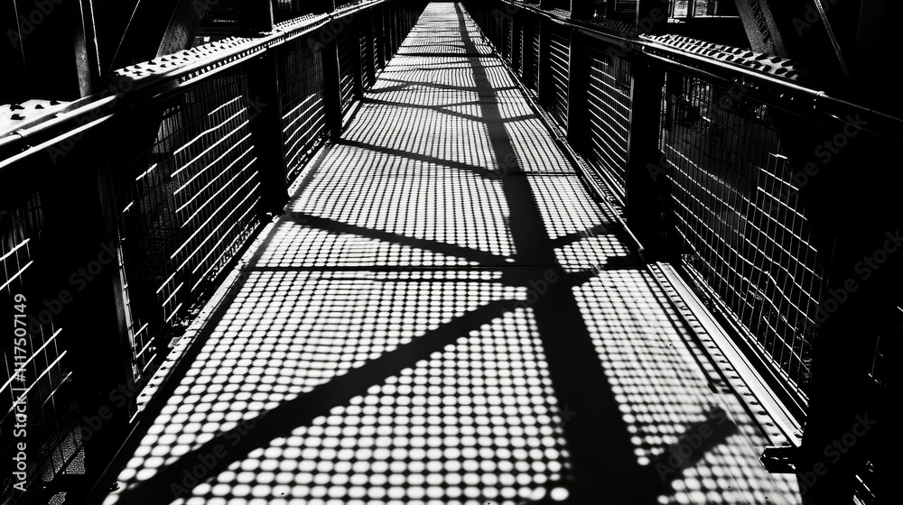 Naklejka premium A metallic grid bridge walkway, photographed from above, with shadow patterns cast on the surface