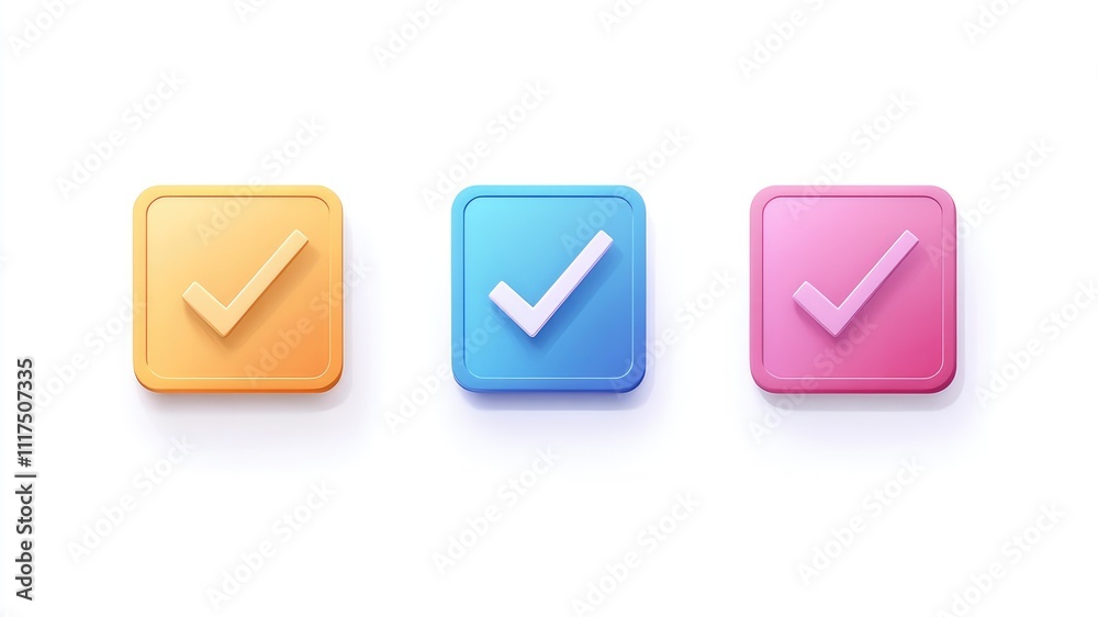 three different checkmark buttons. colored icons on a white background. yellow, blue and pink element three different checkmark buttons. colored icons on a white background. yellow, blue and pink element