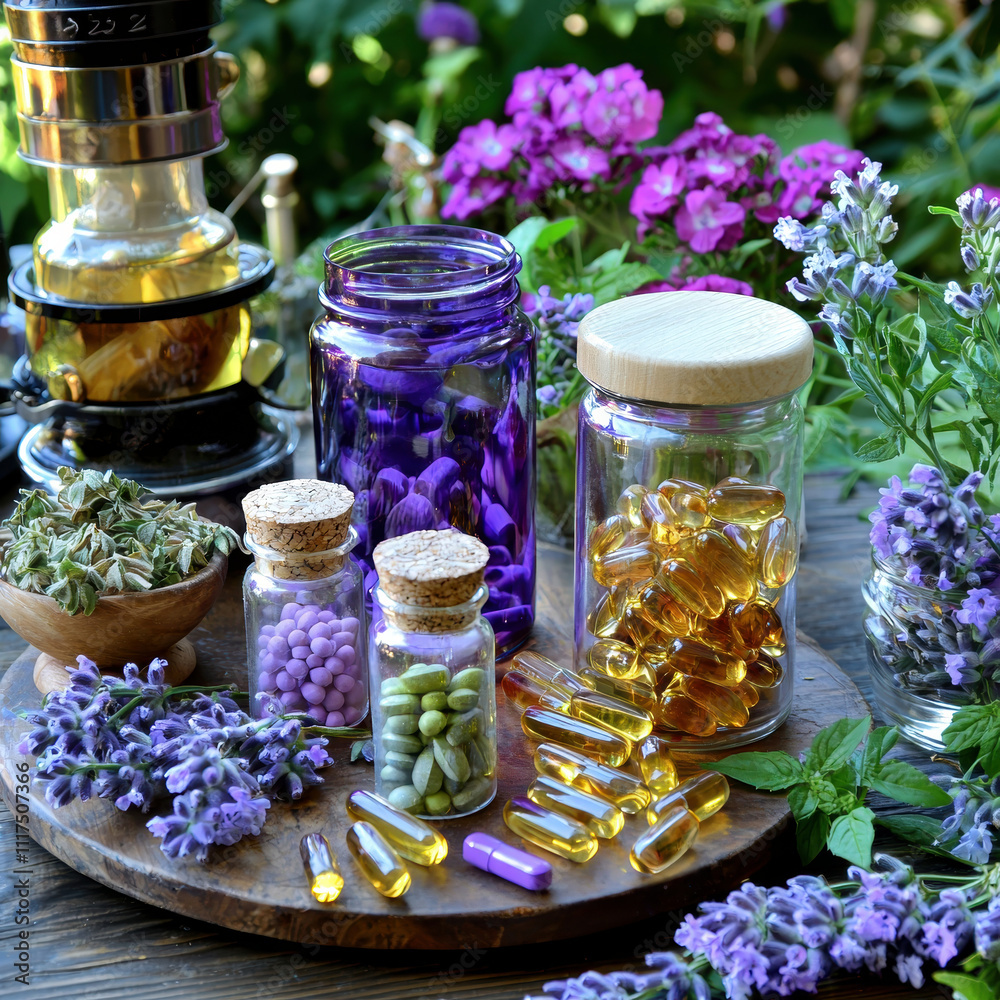 Natural remedies with herbs, capsules, and glass jars outdoors Natural remedies with herbs, capsules, and glass jars outdoors