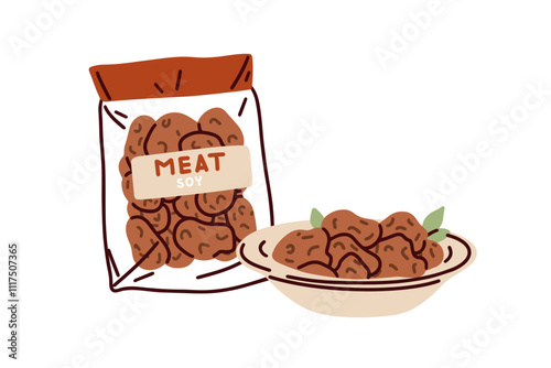 Soy meat. Vegan plant-based food in bag package and served in bowl. Vegetarian protein snack, dish. Healthy natural eating, soya product. Flat vector illustration isolated on white background