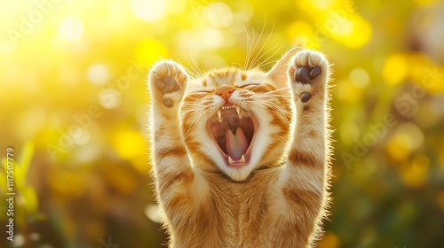 Cheerful cat raising fits with joy, happiness, encouraging and cheering under sunshine
 photo