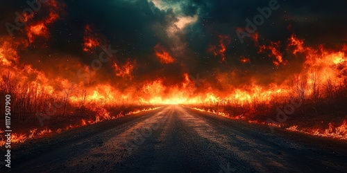 Road with a fire burning in the background