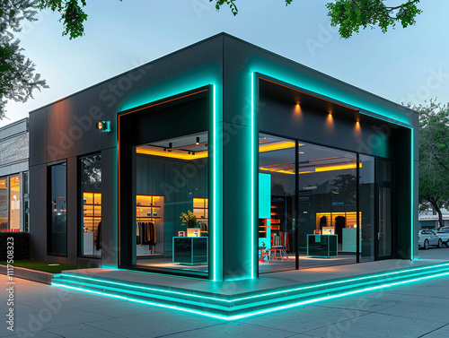 Contemporary boutique with a charcoal exterior and neon teal highlights. The bright lighting adds a vibrant touch to the sleek, high-definition urban backdrop photo