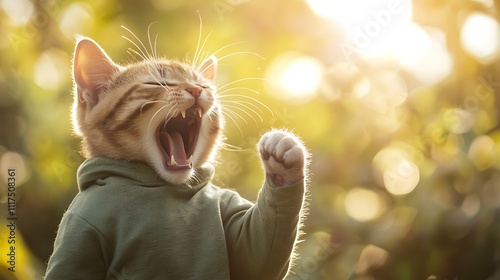 Cheerful cat raising fits with joy, happiness, encouraging and cheering under sunshine
 photo