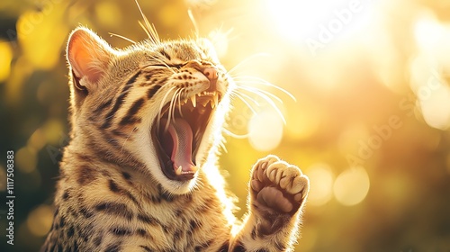 Cheerful cat raising fits with joy, happiness, encouraging and cheering under sunshine
 photo