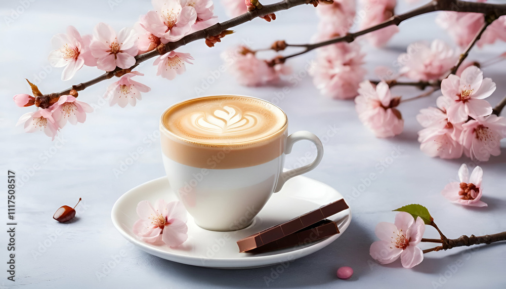 cup of coffee with flowers. Simple coffee cup with latte art and flowers, placed on a wooden table cup of coffee with flowers. Simple coffee cup with latte art and flowers, placed on a wooden table