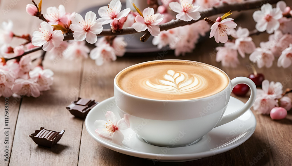 cup of coffee with flowers. Simple coffee cup with latte art and flowers, placed on a wooden table cup of coffee with flowers. Simple coffee cup with latte art and flowers, placed on a wooden table