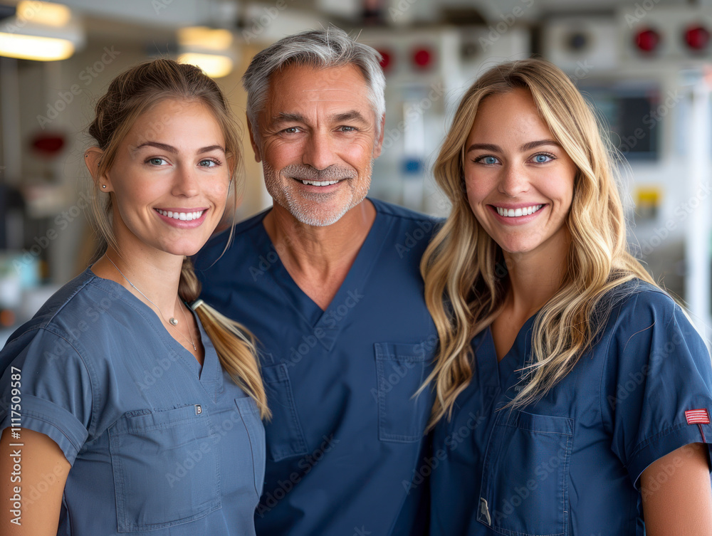 Smiling medical team of two women and one man in blue uniforms. Smiling medical team of two women and one man in blue uniforms.