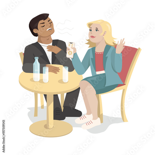 A girl interviews a celebrity. Proud man. A vain man is happy to talk about himself. Two people are sitting in a cafe. Business meeting. Vector illustration.Childish style, Cartoon character.