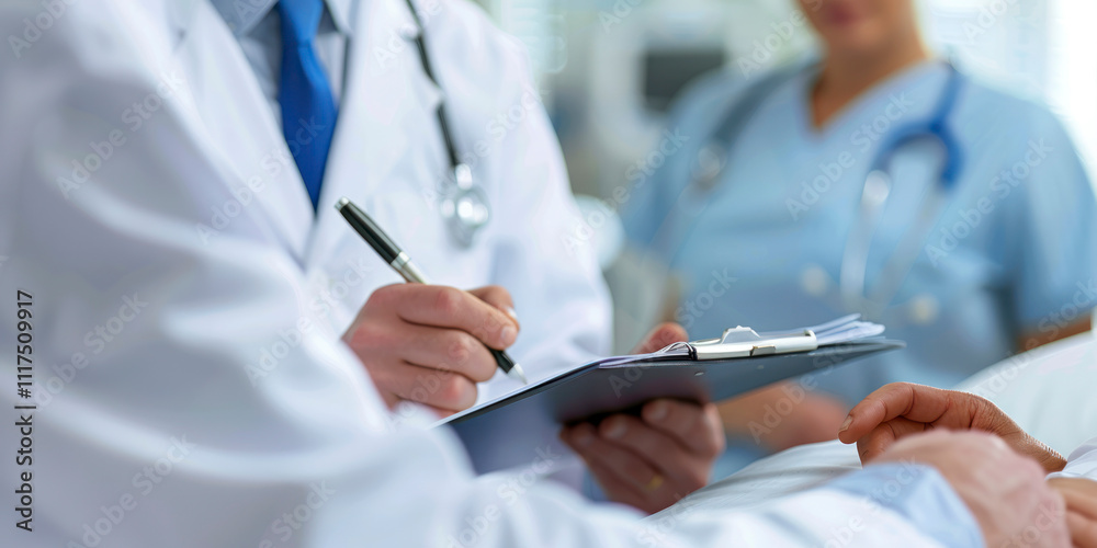 Doctors and nurses discussing patient care, holding clipboard. Doctors and nurses discussing patient care, holding clipboard.