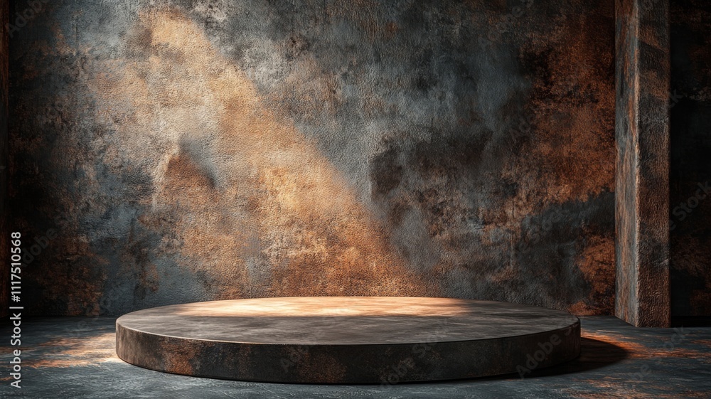 A Rustic Circular Platform with a Glowing Light in a Dark Room A Rustic Circular Platform with a Glowing Light in a Dark Room