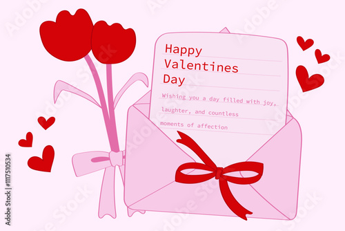 valentine's day letter flower illustration banner with Pink Ribbon Coquette aesthetic hand drawn.