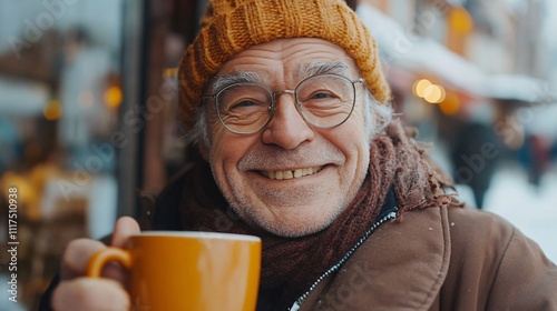 Elderly European man enjoying a cup of coffee at a cozy café on a winter street, showcasing warmth and tranquility in a candid portrait. photo