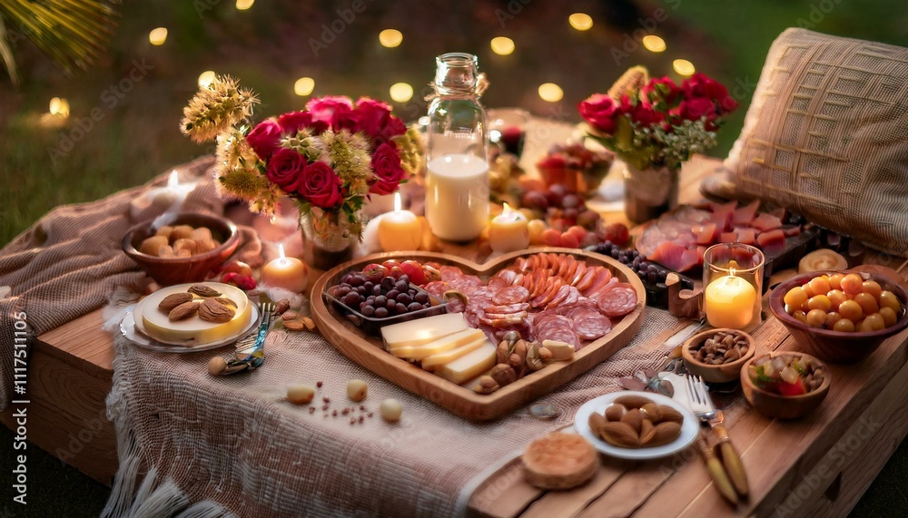 Boho Valentine Picnic: A romantic bohemian-style picnic setup with a heart-shaped charcuterie board, candles, and fairy lights. Boho Valentine Picnic: A romantic bohemian-style picnic setup with a heart-shaped charcuterie board, candles, and fairy lights.