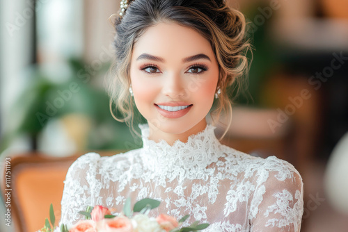 Stunning bride holding a pastel bouquet of roses and florals, exuding elegance and timeless beauty in her wedding moment. 