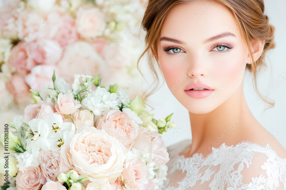 Naklejka premium Radiant bride holding soft pastel roses, symbolizing love, elegance, and new beginnings on her wedding day. 