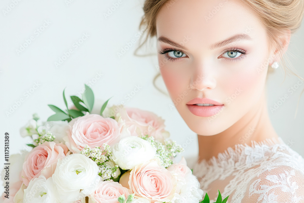 Radiant bride holding soft pastel roses, symbolizing love, elegance, and new beginnings on her wedding day. Radiant bride holding soft pastel roses, symbolizing love, elegance, and new beginnings on her wedding day.
