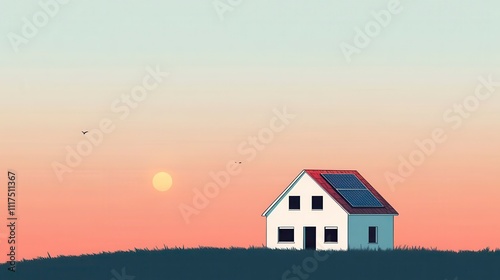 Efficient Home with Solar Roof in Warm Daylight