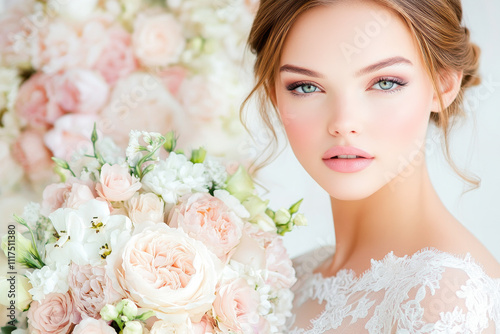 Radiant bride holding soft pastel roses, symbolizing love, elegance, and new beginnings on her wedding day. 