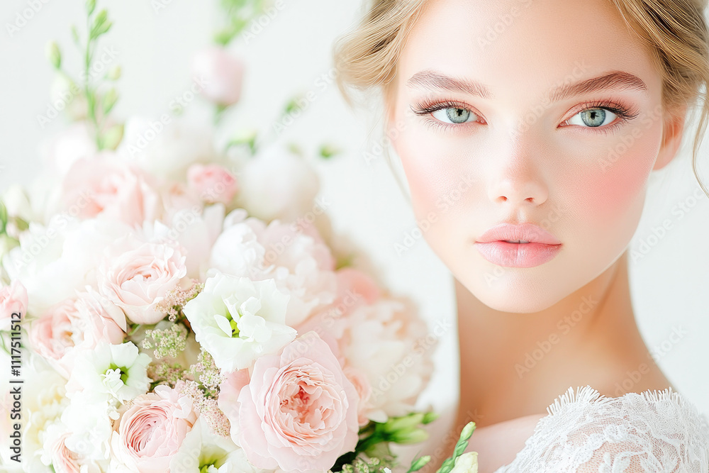 Obraz premium Radiant bride holding soft pastel roses, symbolizing love, elegance, and new beginnings on her wedding day. 