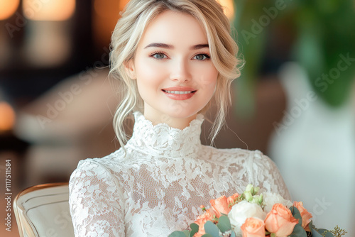 Elegant bride seated in lace wedding dress holding peach and white roses, radiating happiness and grace on her special day. 
