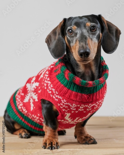 Adorable Dachshund Dog Wearing Festive Red and Green Christmas Sweater with Snowflake Pattern, Studio Portrait on Light Background photo