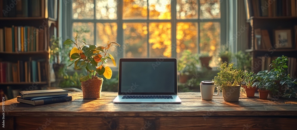 Laptop on rustic wooden desk near window, bookshelves, and plants. Laptop on rustic wooden desk near window, bookshelves, and plants.
