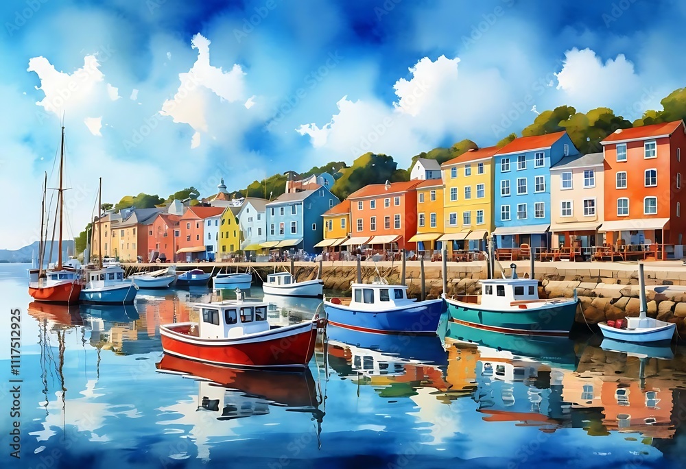 Fototapeta premium hand drawn watercolor painting of panoramic Portofino. Italian Riviera painting with blue water, beautiful lake, coastal village, colorful buildings, boats, hill background and clouds blue sky