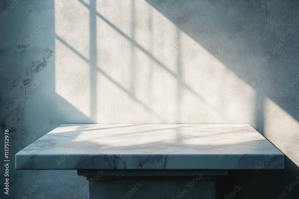 A marble tabletop with soft shadows cast by a window, creating a serene atmosphere.