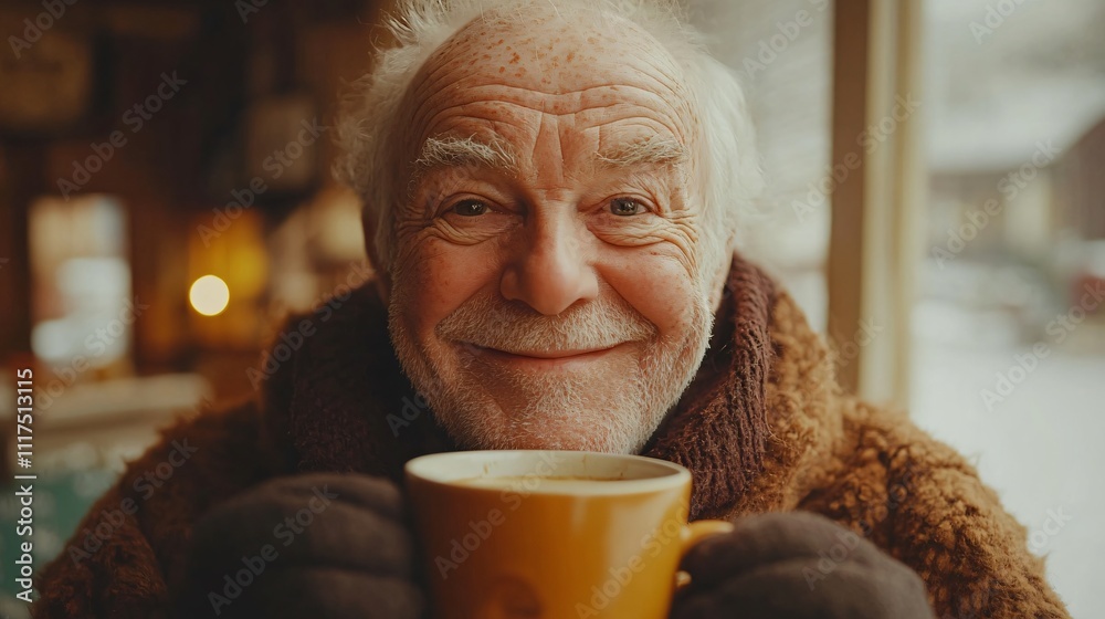 Elderly European man enjoying a cup of coffee at a cozy café on a winter street, showcasing warmth and tranquility in a candid portrait. Elderly European man enjoying a cup of coffee at a cozy café on a winter street, showcasing warmth and tranquility in a candid portrait.