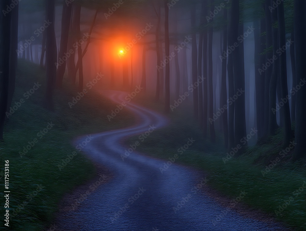 Winding Forest Road Sunset Path Through Trees Winding Forest Road Sunset Path Through Trees