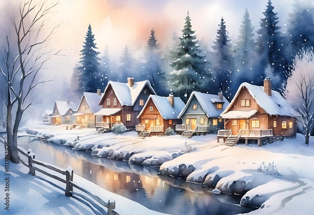Fototapeta premium Oil paintings rural landscape, house in the snow. Winter sunset in snowy forest, old house in the forest. Fine art