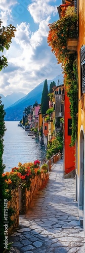 Varenna town Italy como lake and seafront pavemen photo