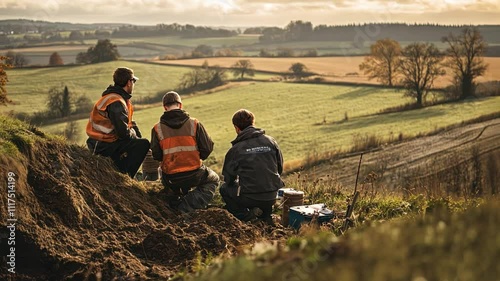 Geoarchaeologists surveying an ancient landscape, using geological methods to uncover historical clues. photo